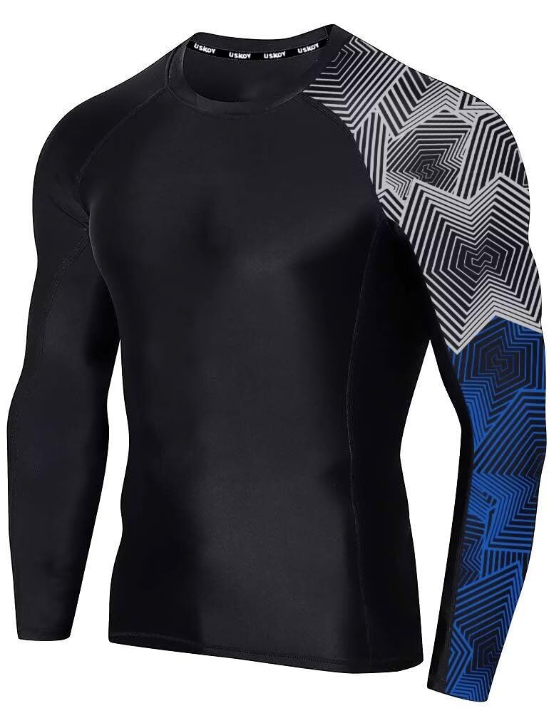 USKOY Mens Rash Guard Swim Shirts UPF 50+ Baselayer Long Sleeve Skins Compression Performance Fit Top Half Blue Medium