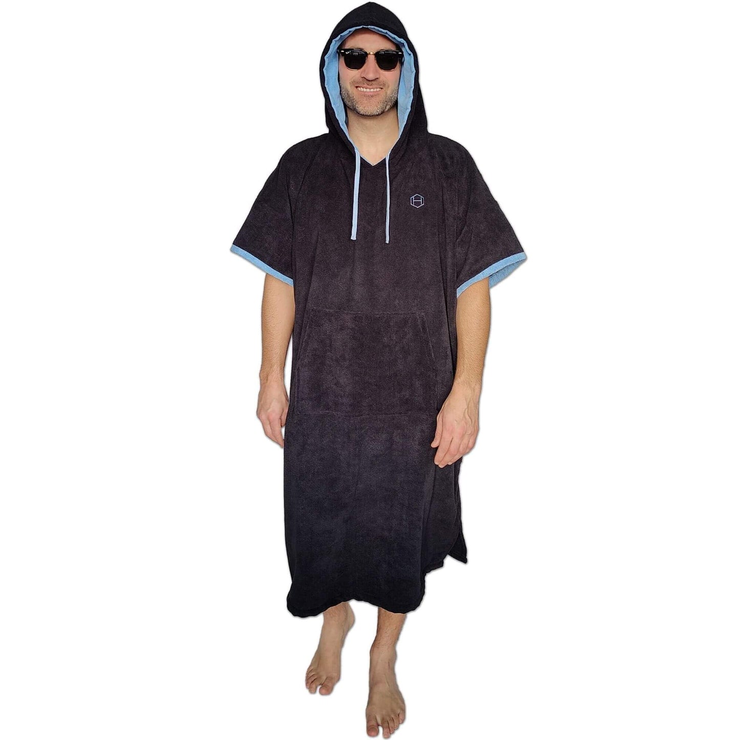 Hang 11 Surf Poncho - Surf Changing Poncho with Hood & Front Pocket Soft & Absorbent Quick-Dry Material Hooded Towel Robe for Men & Women Hoodie for Adults for Beach or Pool (Black & Blue)