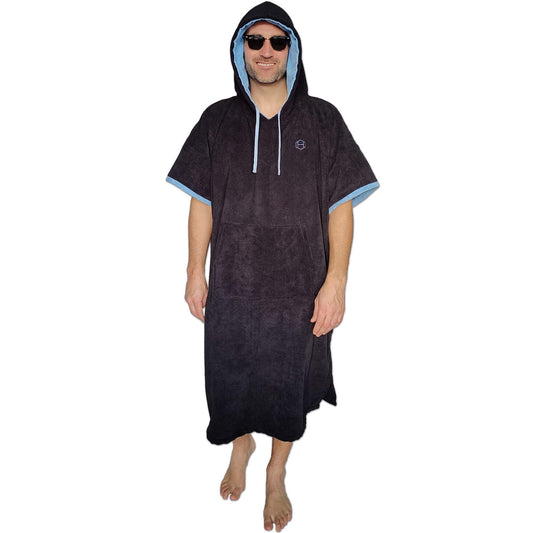 Hang 11 Surf Poncho - Surf Changing Poncho with Hood & Front Pocket Soft & Absorbent Quick-Dry Material Hooded Towel Robe for Men & Women Hoodie for Adults for Beach or Pool (Black & Blue)