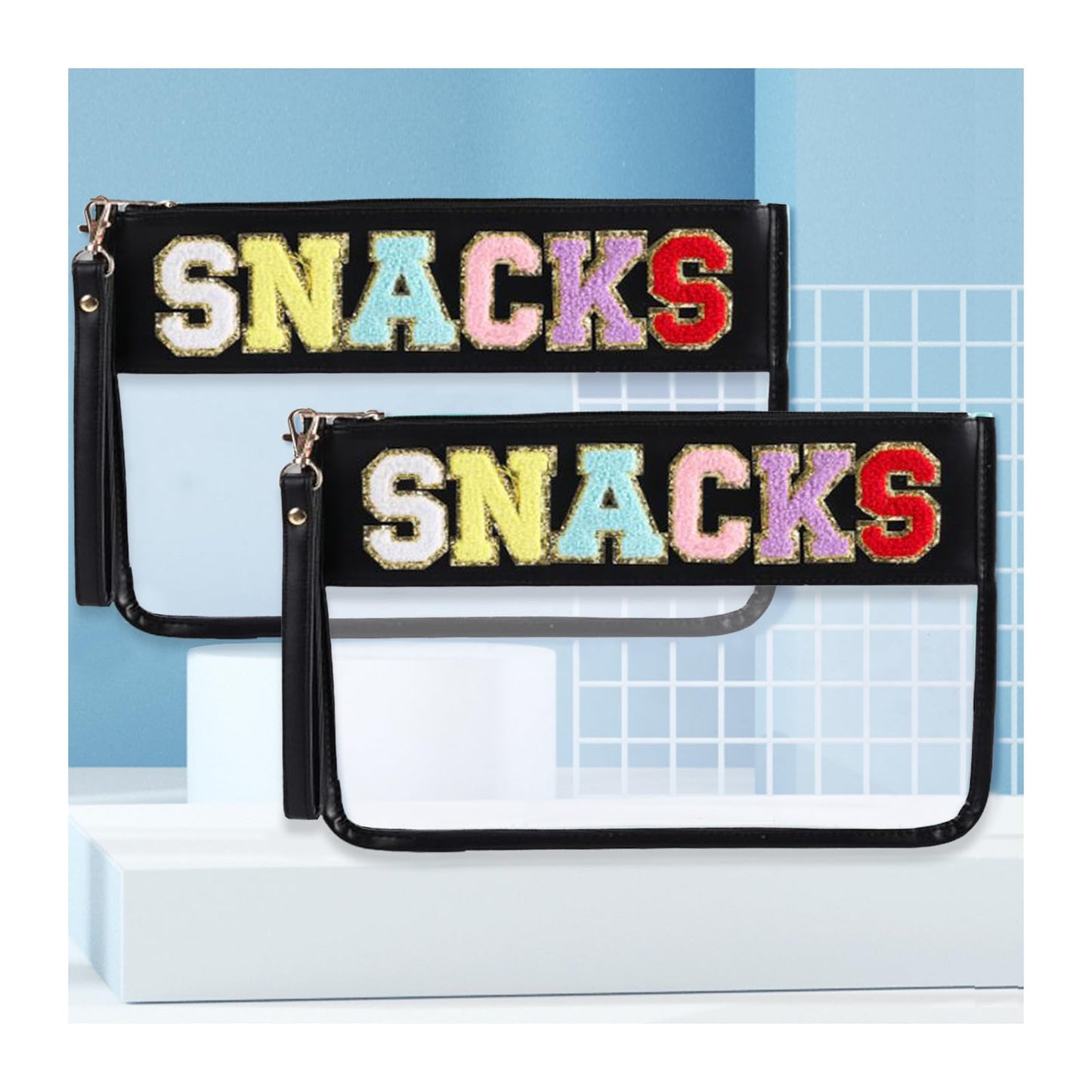 FROBON 2PCS Snack Bags- Snacks Bag for Travel Clear Beach Pouch snack bag with Zipper beach makeup bag，Large Capacity Travel beach bag stuff beach pouch (Black)