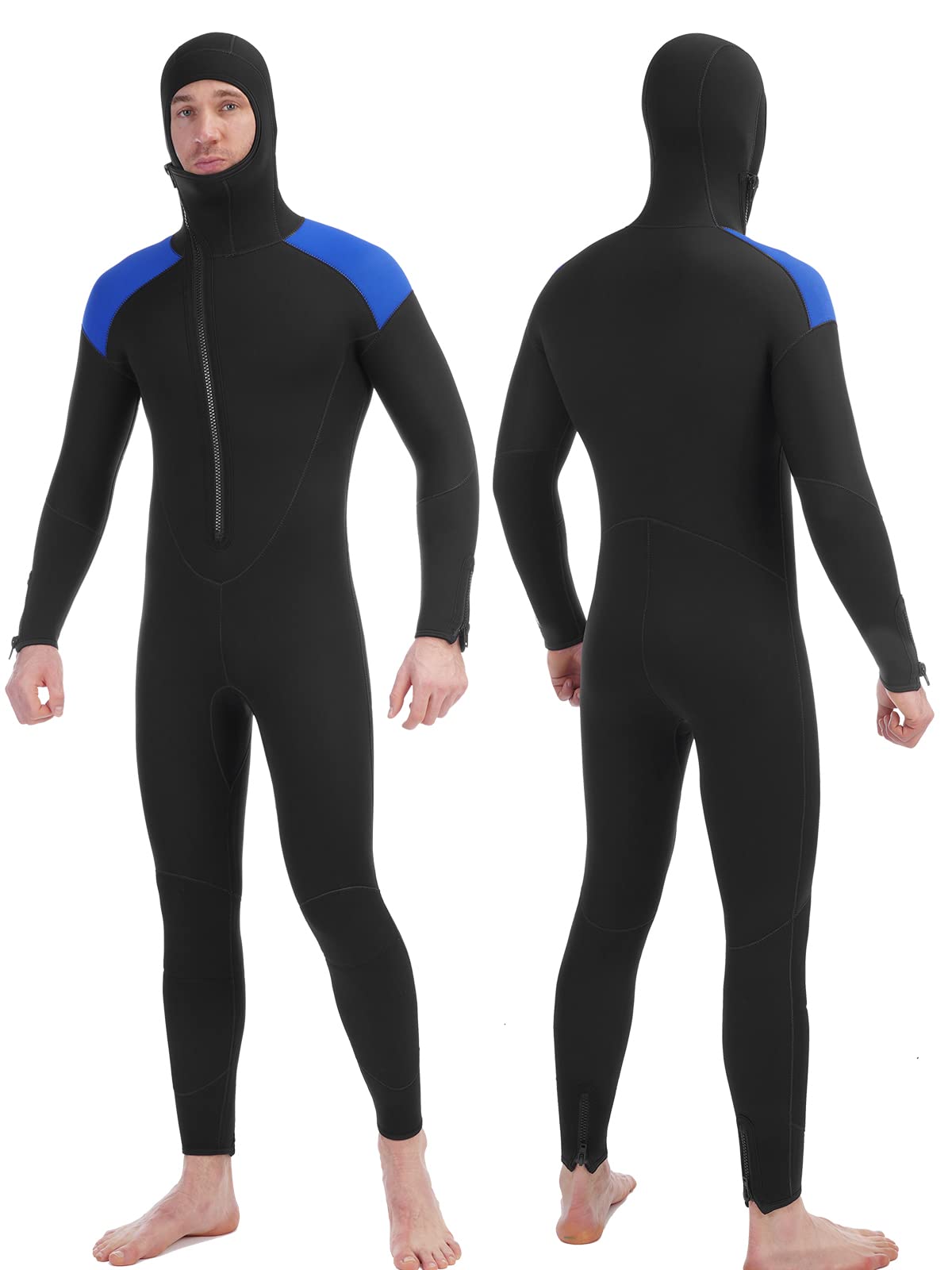 Realon Men Wetsuit 5mm Neoprene Scuba Diving One Piece Spearfishing Full Suit with Hooded Thermal Wet Suits Front Zipper in Cold Water for Surfing Swimming Diving Snorkeling