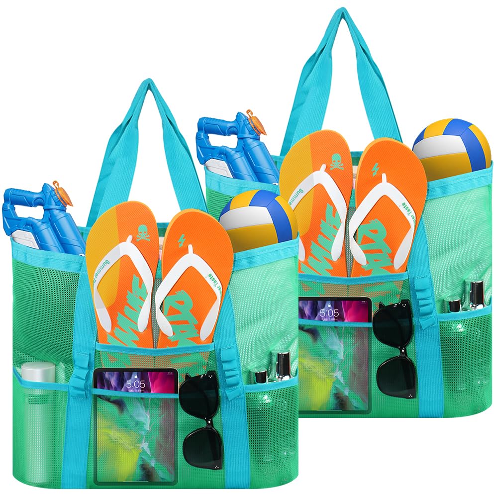 AMJ Mesh Beach Bags for Women Beach Tote Bag with 7 Pockets and 1 inner Zipper Closure Pockets 2Pcs (Green)