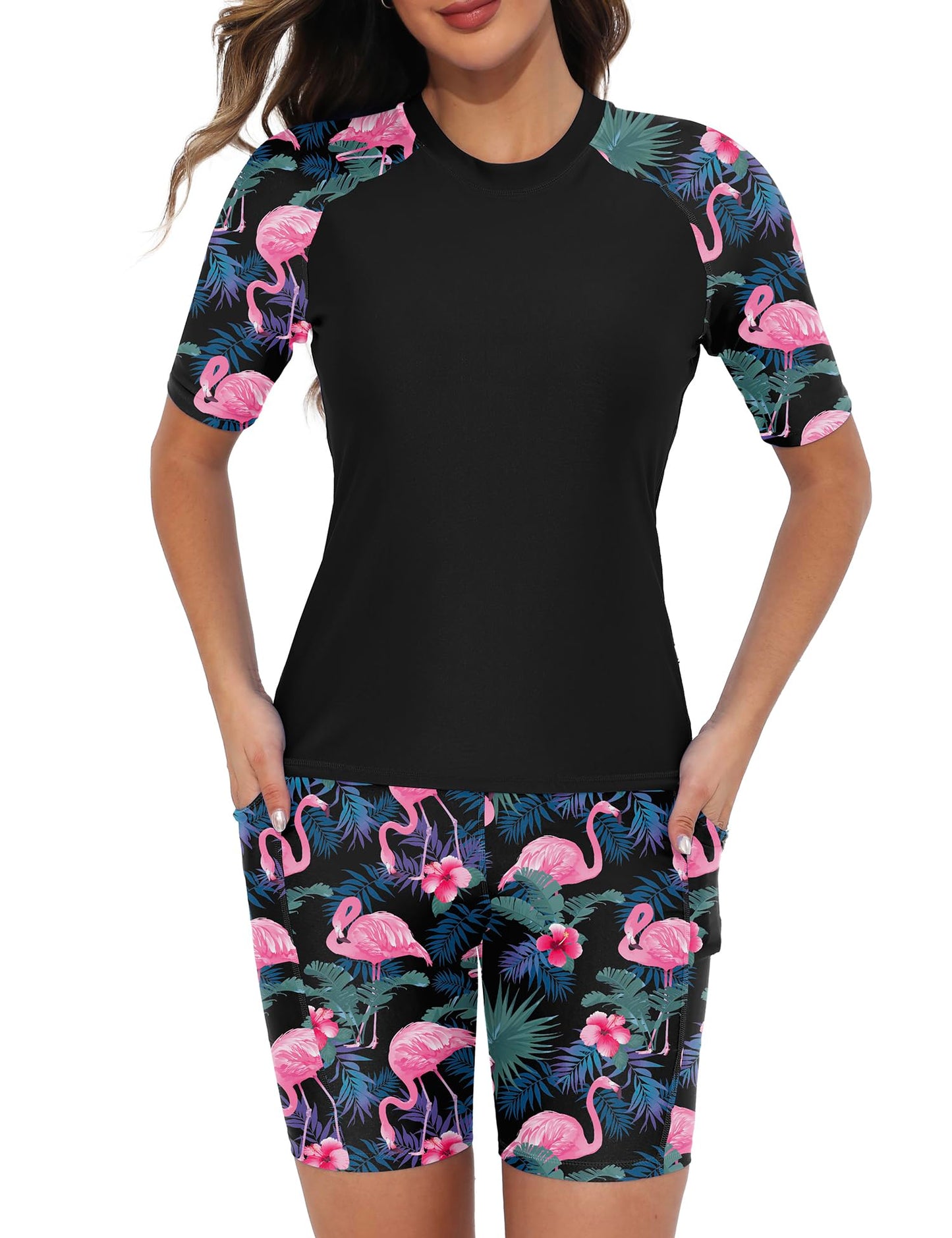 Tournesol Womens 2 Piece Rash Guard Short Sleeve Swim Shirts UPF 50+ Built-in Bra Swimsuit with Boyshorts with Pockets Large Pink Flamingo