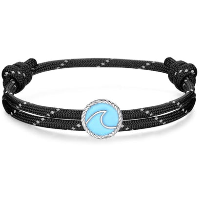 J.Endéar Wave Surf Bracelet for Men Women | 925 Sterling Silver Waterproof Paracord Bracelet Adjustable | Summer Beach Sport Jewelry Friendship Gift Black