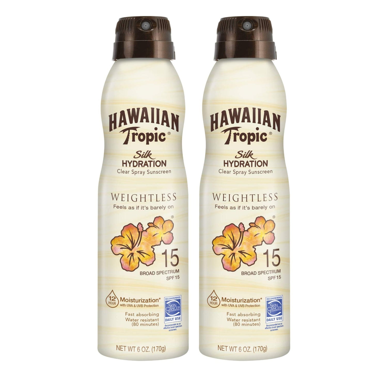 Hawaiian Tropic Weightless Hydration Clear Spray Sunscreen SPF 15 6oz Twin Pack | Hawaiian Tropic Sunscreen SPF 15 Sunblock Oxybenzone Free Sunscreen Spray On Sunscreen Pack 6oz each